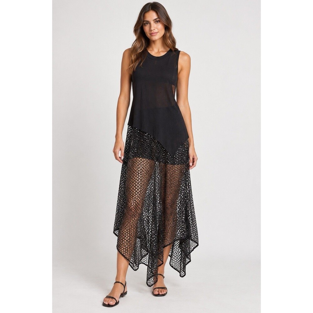 Free People S Another Galaxy Maxi Top Black Sequin Mesh Sleeveless Asymmetric D
